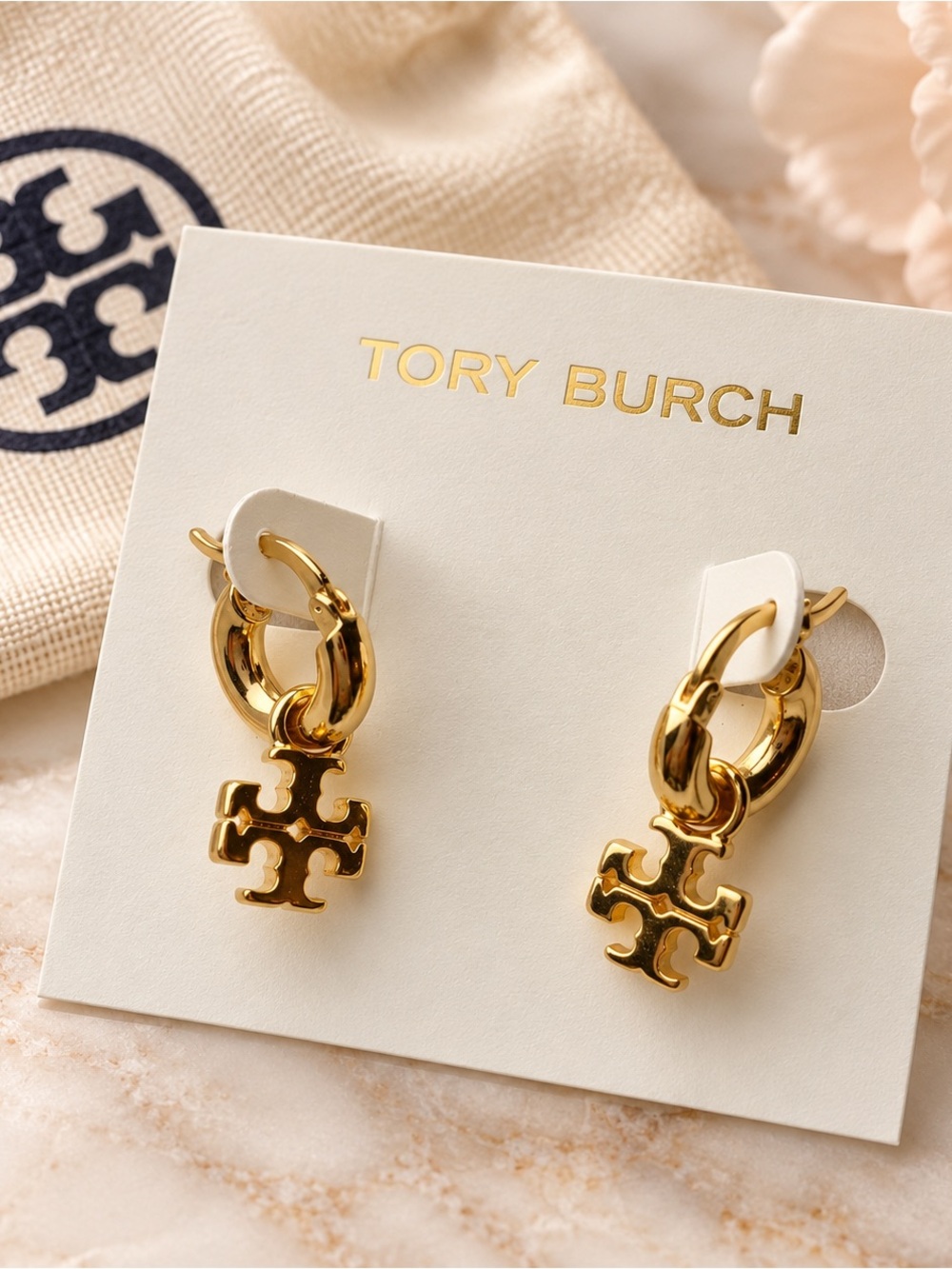 Tory Burch Polished Gold Link Drop Logo Earrings